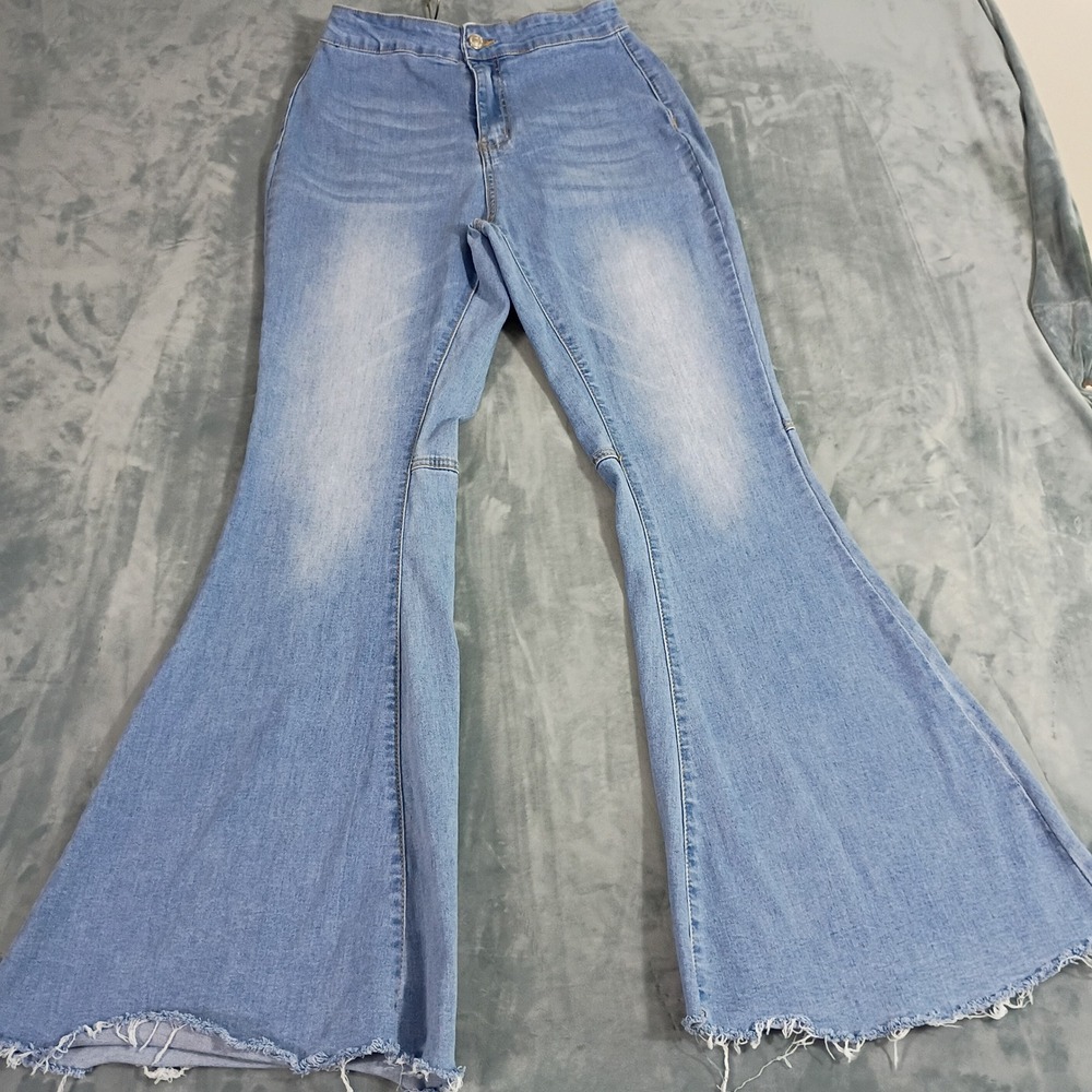 Wax Jean Women Light Wash High Rise Raw Hem Flare Bell Bottom Jeans 13